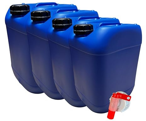 Lot de 4 Bidons Plastique Bleu 20 L litres Bouchon DIN 61 – PEHD Résistant pour Liquides Alimentaires et Chimiques – Poignée Ergonomique, Empilable – Réutilisable et Durable - Jerry can Jerrican