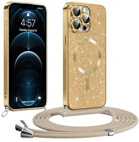 Phoona Coque pour iPhone 12 Pro Max avec Cordon, Etui à Paillettes Compatible avec MagSafe, Antichoc Protection Coque pour Magnétique avec Réglable Collier, Doré