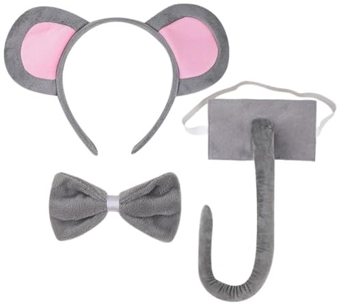 TUONYIS Mausohren-Haarreif, mit Maus-Krawatte und Mausschwanz, Maus-Tier-Kostüm, Kopfschmuck für Kinder, Fasching, Cosplay, Karneval, Halloween-Kostüm, Grau, Einheitsgröße