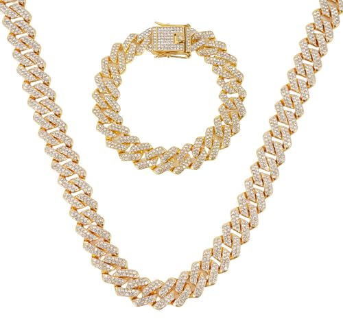 LCWLJL 2 x kubanische Gliederkette für Herren, Miami, kubanische Halskette und Armband, Gold/Silber, Diamantketten für Männer und Frauen, 14 mm, Iced Out Hip-Hop-Schmuck, 8inch Bracelet and 18 inch