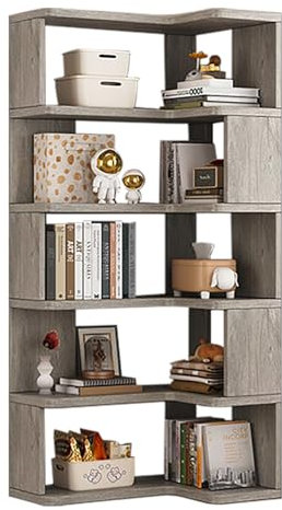 Hohes L-förmiges Eck-Bücherregal mit 6 Ablagen für moderne Präsentation im Wohnzimmer, Schlafzimmer, Küche und Heimbüro, Holzregale in grauer Oberfläche (65 x 45 x 159 cm)
