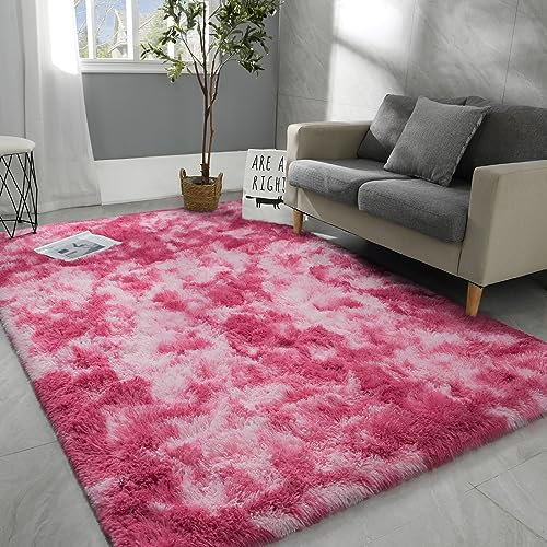 Grand tapis à poils longs super doux et moelleux pour salon, chambre à coucher, design teint sur nœuds, confortable, pour chambre d'enfant, décoration d'intérieur, 1,5 x 2,4 m, rose pâle