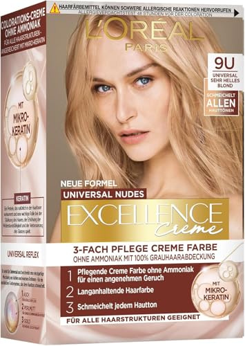 L'Oréal Paris Permanente Haarfarbe für jeden Hautton, Coloration ohne Ammoniak, Universale Nude-Töne mit vollständiger Grauhaarabdeckung, Excellence Creme, Nr. 9U Sehr helles Blond (Blond), 1 Stück