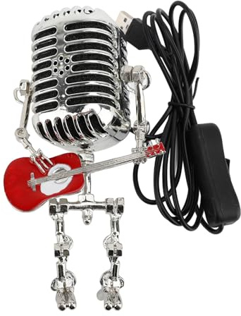 HUSHUI Vintage Microphone Guitar Robot Table Lamp, Aluminum Retro Metal Robot Night Light with Focused Beam for Bedroom Desk Home Decor (Red)