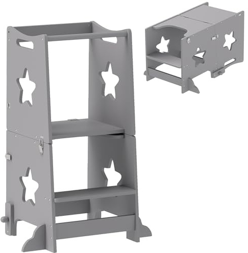 AIYAPLAY Torre Montessori Infantil Convertible en Juego de Mesa y Silla con Barra de Seguridad, Taburete de Madera para Niños de 3 a 6 Años, Torre de Aprendizaje para Baño, Cocina y Aseo, Gris