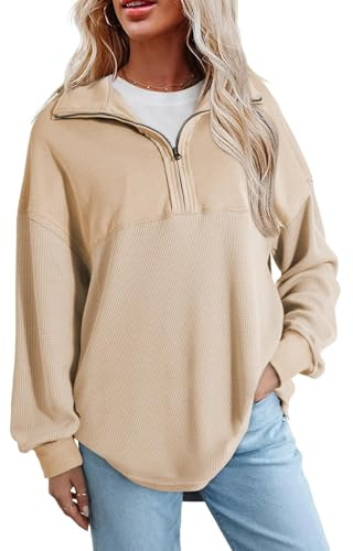 Chicrise Pullover Damen Herbst Half Zip Sweatshirt Langarm Ohne Kapuze Stehkragen Waffle Oberteil Luftig Moderne Khaki Groß 42-44 L