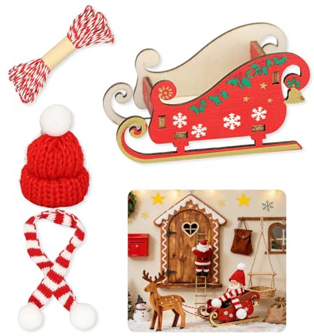 AN-WATTY Wichtel Zubehör Weihnachten, 4 Stück Miniatur Wichtelzubehör Set | Wichtel Schlitten und Schlittenleine, Wichtel Weihnachtsmützen und Schal, Wichteltür Zubehör für Weihnachtsdekoration DIY