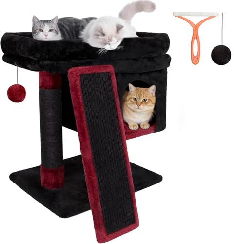 Luxus Stabiler Katzenbaum 60cm klein mit XXL Liegefläche, LEEJARD Kratzbaum für große Katzen mit Aufstiegshilfe, Platzsparender Kratzkokon mit waschbarem Bezug, inkl. Fellpflege-Bürste & Ball, schwarz