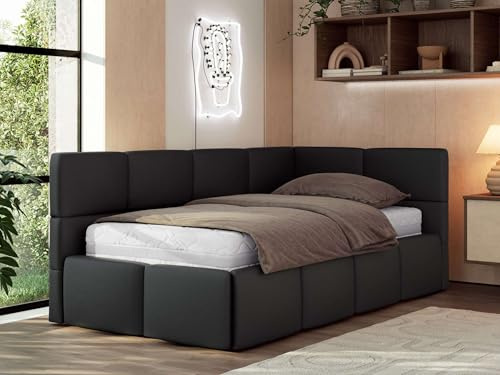 Jugendbett ARVO 90x200 cm mit Lattenrost und Bettkasten, Polsterbett mit gepolstertem Kopfteil und Gasdruckfedern, Eckbett mit Stauraum - mit Multipocket-Matratze - Schwarz Kunstleder - Rechts Seite