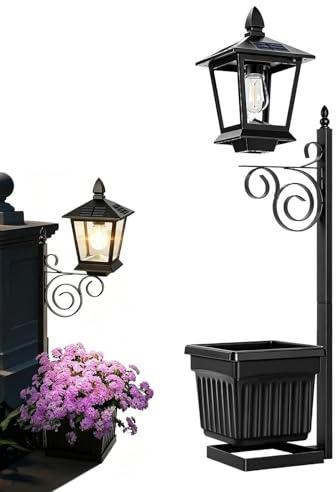 Genérico Farola Solar Con Maceta Integrada - Macetas Exteriores 2 En 1, Impermeable, Color Negro, 70 Cm De Altura, Ideal Para Jardín, Patio, Porche Y Puerta Trasera