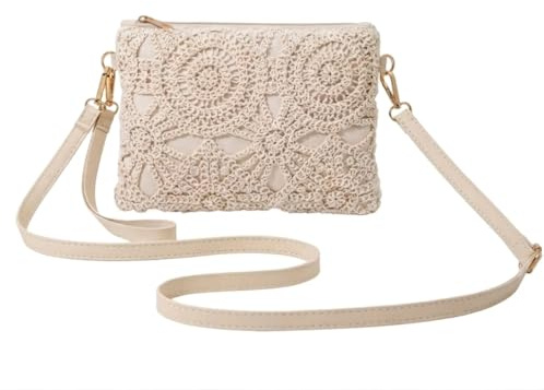 Disparatte Bolso Bandolera Mujer Crochet Boho Chic Beige – Bolso Pequeño de Hombro con Correa Ajustable y Cremallera – Bolso Verano Elegante para Playa, Diario, Fiesta y Vacaciones