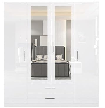 NAVORA INTERIORS 4 Door Wardrobe with Mirror and Drawers | High Gloss MDF Mirrored Wardrobe for Bedroom | Double Wardrobe with 2 Drawer & 10 Shelves 180cm(White)