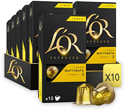 L'OR - Café Espresso - Lungo Mattinata - Intensité 5 - Saveurs Chocolat et Agrumes - 10 lots de 10 capsules aluminium