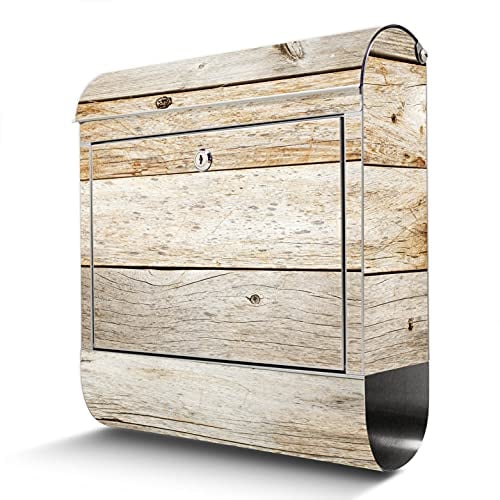 banjado® Briefkasten Edelstahl mit Motiv Graues Holz 38x43x12cm & 2 Schlüssel - rostfreier Edelstahl Briefkasten mit Zeitungsfach - Postkasten A4 Einwurf inkl. Montagematerial
