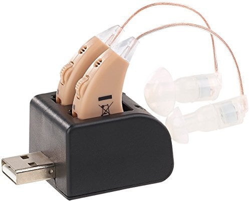 newgen medicals Soundverstärker: HdO-Hörverstärker-Paar HV-340 mit Ex-Hörer; Akku & USB-Ladeschale (Hörverstärker für Senioren, mit Akkus, horverstarker)
