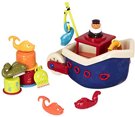 B. toys 13 Teile Badewannenspielzeug Baby mit Boot, Stapelbecher, Fische, Angelspiel Baby Spielzeug Badewanne ab 1 Jahr