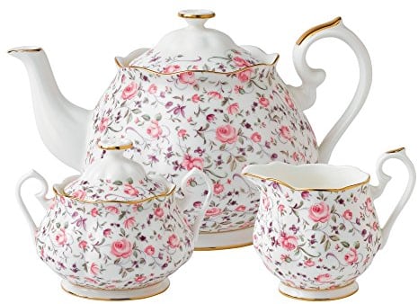 Royal Albert Estilo Vintage Moderno ROSCON25823-Tetera, azucarera, Crema, Juego de 3 Piezas, Confeti de Rosa, China, Color Blanco, Porcelana, 3-Piece, 3