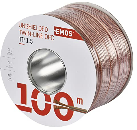 EMOS Câble de haut-parleur OFC 2 x 2,5 mm² - 100 m - En cuivre pur - Pour haut-parleurs et systèmes Surround - Transparent - Avec marquage polarité