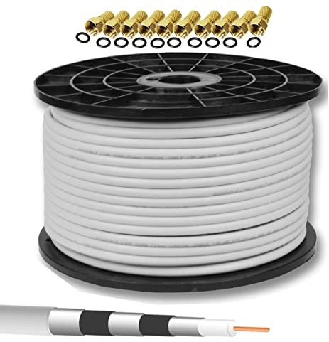 100m PremiumX Basic Pro Cable coaxial SAT Cable de antena de 135dB Cable coaxial blindado de 5 vías Cable de antena para 4K Ultra HD | DVB-S / S2 | DVB-C | DVB-T | Sistemas BK + 10 x conector F 8.0mm