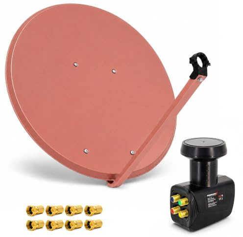 PremiumX Satelliten-Komplettanlage 100cm Satellitenschüssel Aluminium Rot Satellitenantenne Quad LNB F-Stecker, SAT bis 4 Teilnehmer