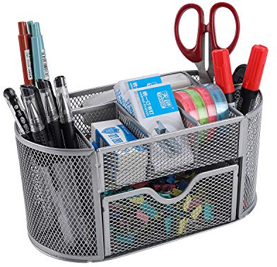 Cutefly Schreibtisch-Aufbewahrungskorb, Drahtgeflecht, für das Büro, multifunktional, Aufbewahrungslösung, Stifte-/Bleistift-Halter silber