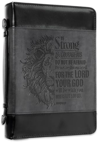 Christian Art Gifts Classic Faux Leather Bible Cover for Men and Women: Be Strong and Courageous - Joshua 1:9 Inspirational Bible Verse with Lion, Gray and Black, Large