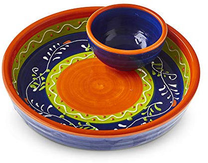 Olive Plate with Mini Bowl. Handmade and Hand Painted in Cordoba, Spain (LUE Plate with Green and Orange Circle. Wild Flowers. 4)