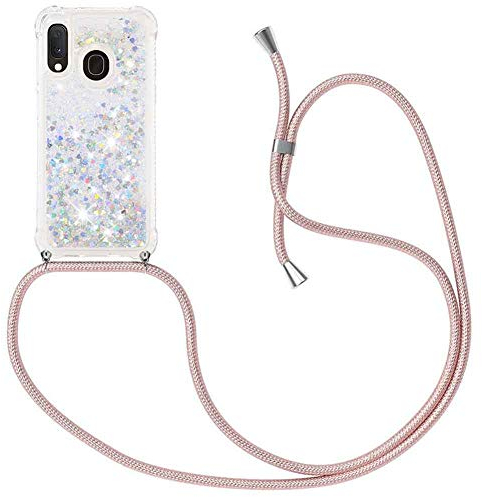 MXKOCO Handykette kompatibel mit Samsung Galaxy A20e/A10e Glitzer Flüssig Bewegende Treibsand Hülle mit Band Umhängetaschen+Hüllen mit Umhängeband Handykordel mit Schutzhülle Stylische Kette mit Hülle