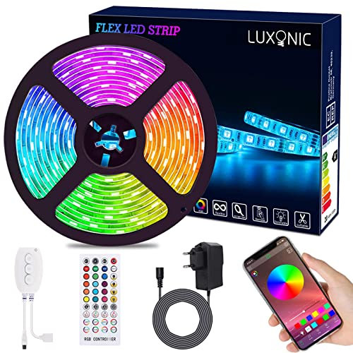 LUXONIC Bande Lumineuse Bluetooth 5M, Ruban à LED 5050 RGB Étanche, Contrôlé par APP du Smartphone Android et iOS, avec Récepteur Bluetooth Alimentation 12V et Télécommande IR pour Décoration