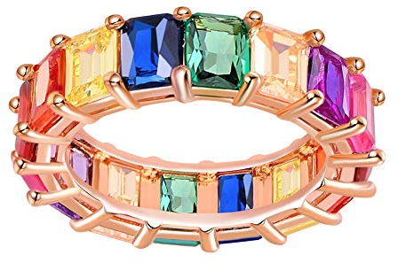 GNOCE Ring Damen Bunte Steine Roségold Frauen Bandringe Regenbogen Baguette geschnittene Ringbänder mit bunten Zirkonia Ewigkeit Eheringe Versprechen Ringe für Sie (Rosegold, 60 (19.1))