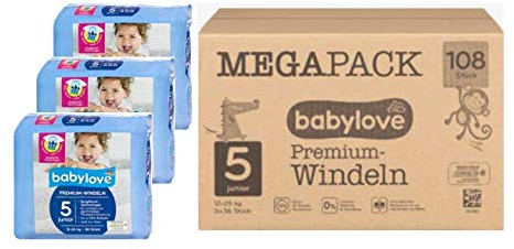 babylove Premium-Windeln junior 5, 10-16kg, 3x36 Stck. Megapack 108 Stück