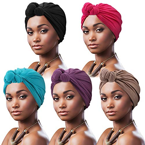DRESHOW 5 Stücke Afrikanischen Turban für Damen Soft Vorgebunden Knot Mode Plissee Turban Hut Mütze Kopfwickel Schlafmütze