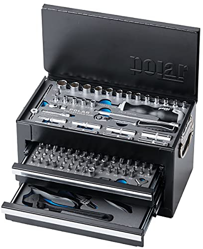 Polar® - Cassetta degli attrezzi di alta qualità con 141 utensili I in scatola di metallo con cacciavite magnetico, prese, cricchetto, chiave regolabile, pinze, punte e altro ancora, adatto per