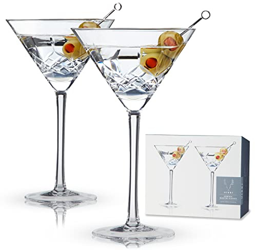 Viski Admiral Etched Martini Glasses, Cocktail Coupe Glasses, Stemmed Crystal Glassware, Home and Bar Drinkware, Set of 2, 9oz