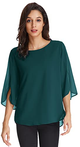 Hauts en Mousseline de Soie à Manches Longues pour Femmes Col Rond Manches Longues Coupe Ample T-Shirt Décontractée L Gris-Vert foncé CLAF15-50
