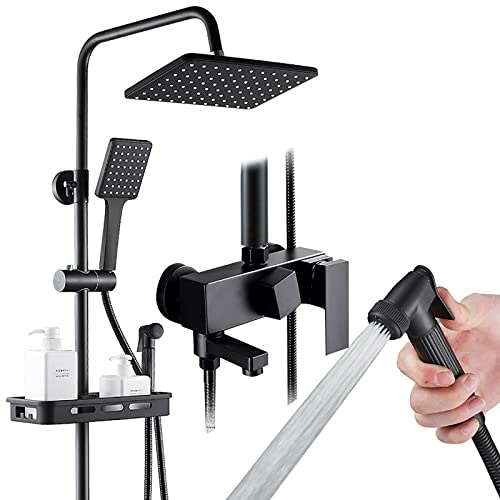 PINCHU Duschset, Duschsystem Schwarz, Duschsäule 4 in 1 mit 26x19cm Regendusche und 3 Funktionen Handbrause und Wannenhahn und Sprühpistole, Verstellbare Duschstange,Schwarz