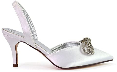 ESSEX GLAM Womens Pointed Toe Low Heel Diamante Bow Slingback Pumps Ladies Bridal Shoes White Satin