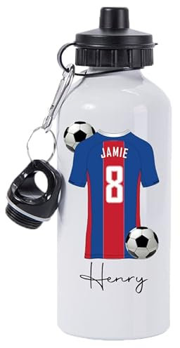 Personalised Football 600ml White Aluminium Sports Water Bottle Back to School Gift for Kids, Customised with Name / Number / Text with Football Shirt Blue & Red Horizontal stripes Jersey Kit (D9)