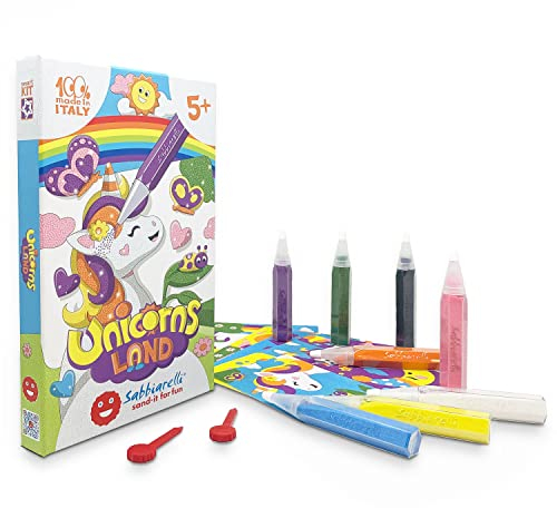 Sabbiarelli Sand-it For Fun - Kit Unicorns Land, kreatives Bastelset mit Farbsand, manuelle und sensorische Aktivität, Schreibenlernen, Fantasie, Geschenkidee für Kinder ab 5 Jahren