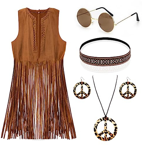 Hippie Kostüm, Hippie Kleidung Damen, Hippie Kostüm Damen, 60er 70er Jahre Bekleidung Damen Hippie Weste, Hippie Accessoires Brille Kette Haarband Ohrringe, Disco Outfit Hippie Faschingskostüme