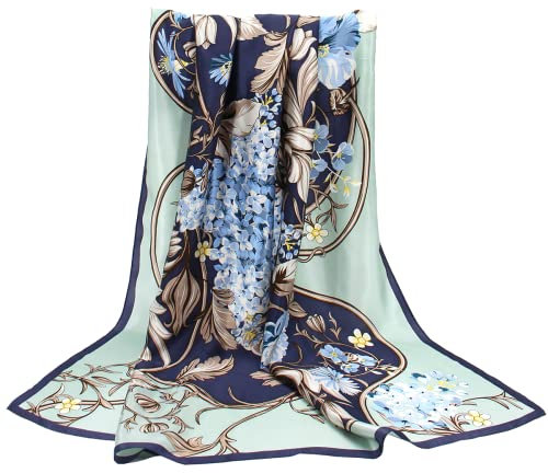 ANDANTINO Damen Scarves Seidenschals, Hellgrün und Marineblau, Large