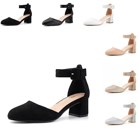 Hitmars Block Heel Sandals Women Low Mid Heel Sandals Court Shoes Strappy Closed Toe Sandals Bridal Wedding Summer Glitter Comfortable Womens Sandals N-Black(Suede) Size 5 UK=38 EU (9150NSBK/38-Reu)