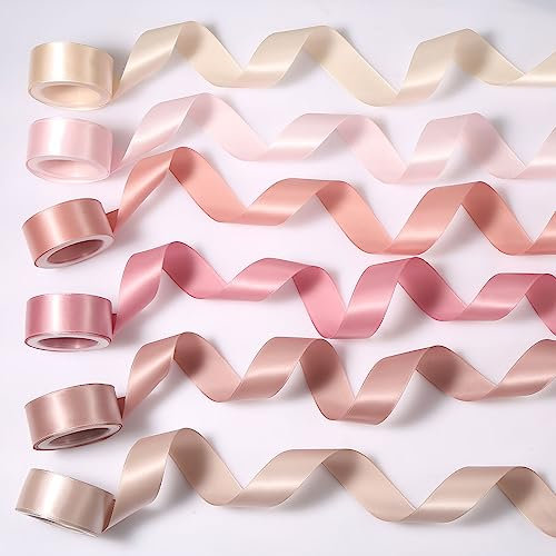 6 Rollen Band für Blumenstrauß, 25mm x 54,9m Doppelseitiges Staubiges Hochzeitsband Seidenband Hochzeit Rosa für Hochzeitseinladungen Basteln Dekorieren Babyparty Partys Verabredungen(6 Farben)