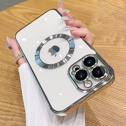 vomubao Cover per iPhone 14 Pro Max Magnetica Custodia Compatibile con MagSafe, Anti-Scratch Trasparente Custodia Telefono Magnetico per iPhone 14 Pro Max con Protezione Fotocamera-Argento