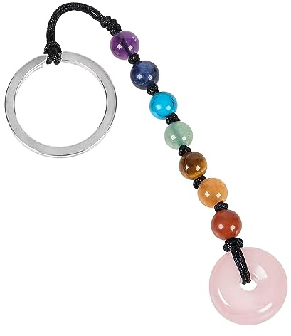 mookaitedecor Good Luck Rose Quartz Pink Healing Crystal Round Donut Keychain Car Keyring Bag Charm for Women Men, Decorative 7 Chakra Crystal Stone Beads Tumble Stone Keyring Lucky Gift
