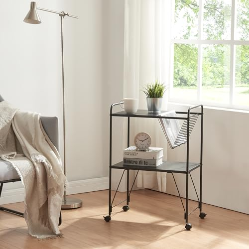 [en.casa] Servierwagen Austrheim Beistellwagen mit Zeitungskorb Rollwagen mit Griff Küchenregal mit 4 Rollen und 2 Ablagen Stahl für Büro Küche 73x50x33cm Schwarz