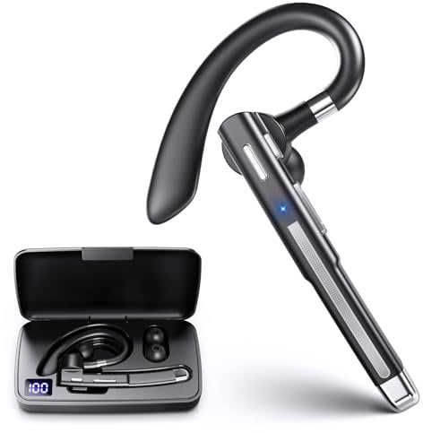 EUQQ Bluetooth Headset, Wireless Hands Free Earbuds with Noise Canceling Mic, LED Battery Display Case, Handsfree Headset for Driving/Office