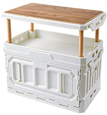 SPYMINNPOO Camping Storage Box, Foldable Large Capacity 3 Layer Camping Box Wood Cover Plastic Storage Bin 95L for Camping Picnic