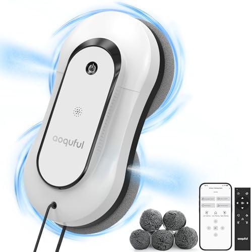 AOQUFUL Intelligent Window Cleaning Robot, Electric Glass Cleaner with Dual Water Spray, Automatic Window Vacuum with Remote Control and App, for Indoor and Outdoor Windows and Glass,12 Cloths, White