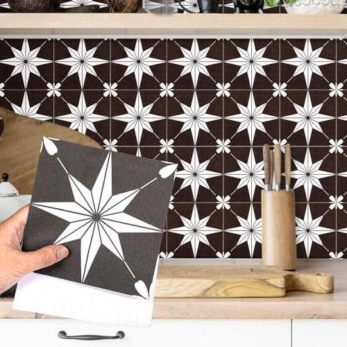 Fantasnight Adesivi per piastrelle nere con stelle, opache, 15 x 15 cm, 12 pezzi, piastrelle autoadesive in vinile, piastrelle impermeabili per bagno, paraschizzi rimovibili per cucina